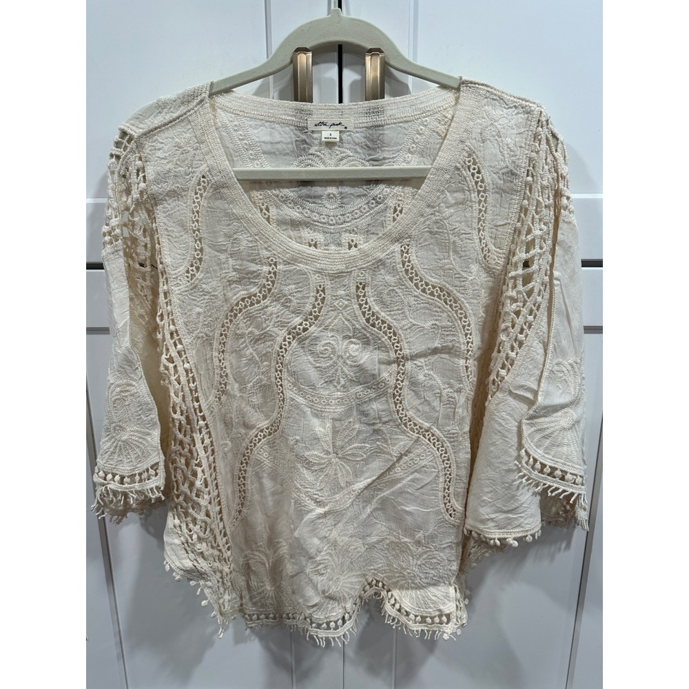 Ultra Pink Cotton Boho Embroidered Crochet Lace Pom Pom Blouse Top Small